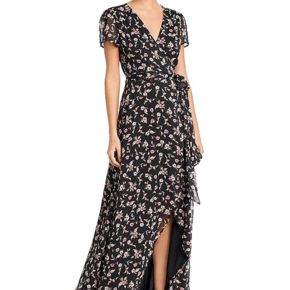WAYF Black Zoey Floral Wrap Maxi Dress Side Tie S